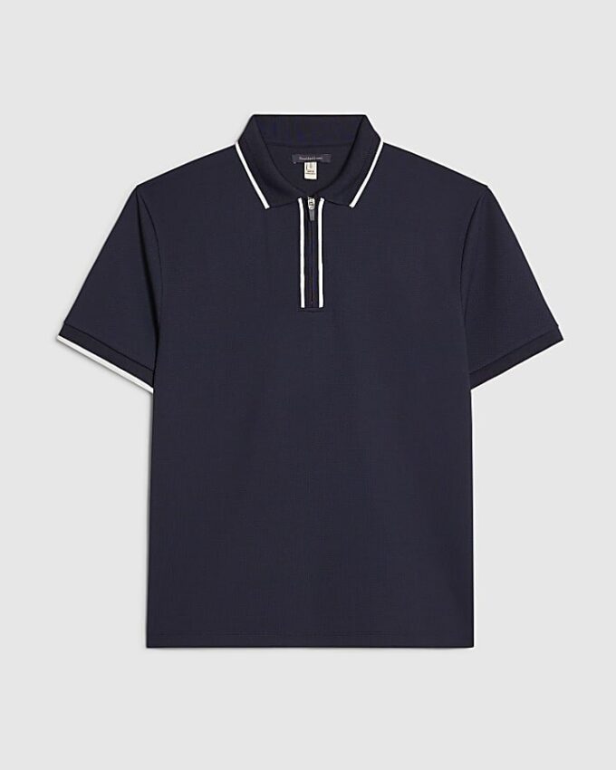 Marinblå slim fit-polotröja med textur och dragkedja