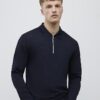 Marinblå slim fit-polotröja med texturerad dragkedja