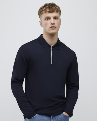 Marinblå slim fit-polotröja med texturerad dragkedja