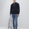 Marinblå slim fit-polotröja med texturerad dragkedja