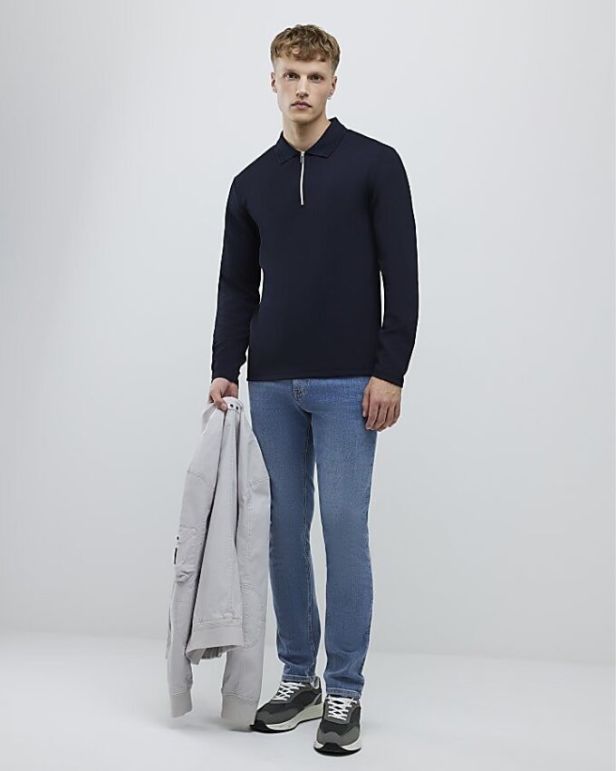 Marinblå slim fit-polotröja med texturerad dragkedja