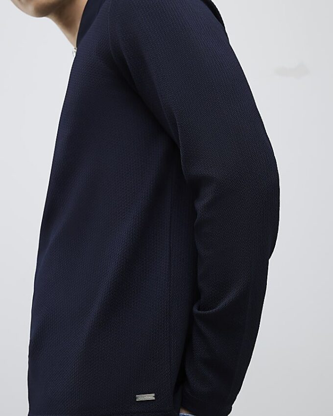 Marinblå slim fit-polotröja med texturerad dragkedja