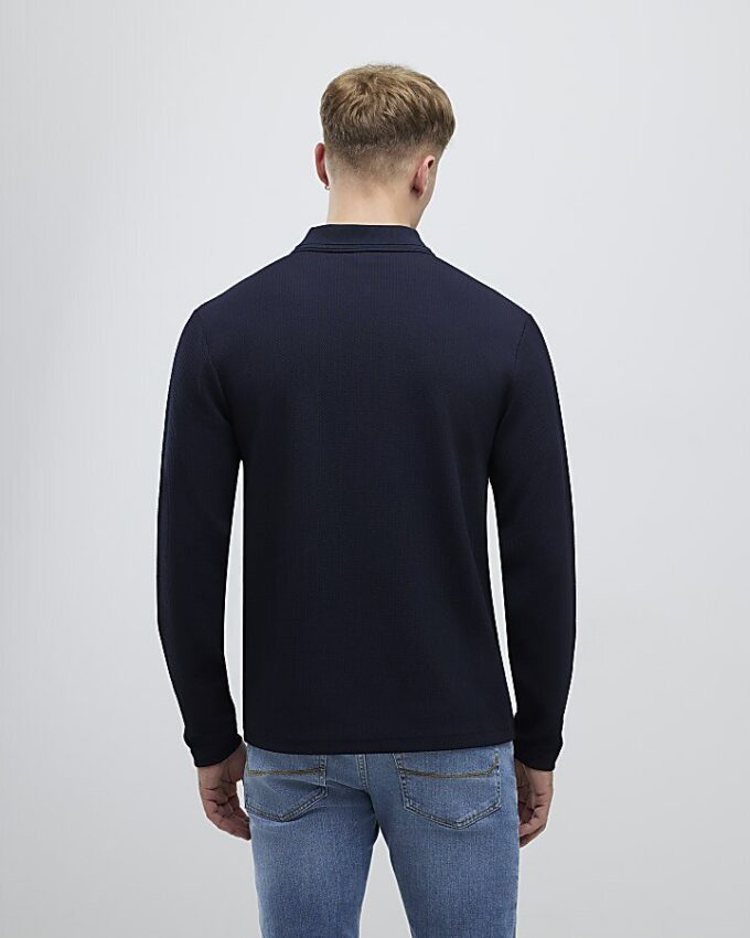 Marinblå slim fit-polotröja med texturerad dragkedja
