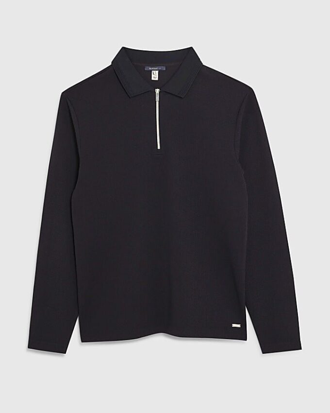 Marinblå slim fit-polotröja med texturerad dragkedja
