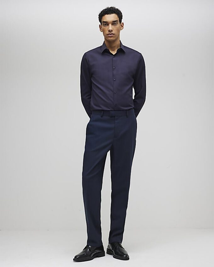 Marinblå slim fit premium formell skjorta
