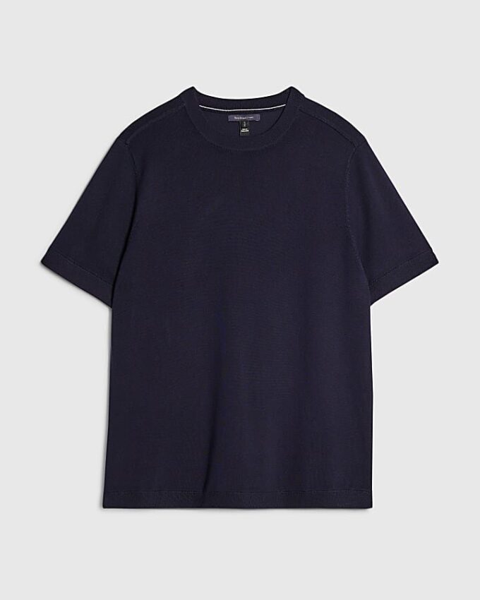 Marinblå slim fit-stickad T-shirt