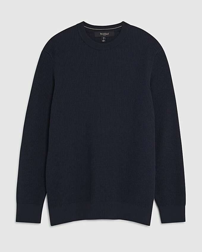 Marinblå slim fit-tröja i våffelstickad trikå