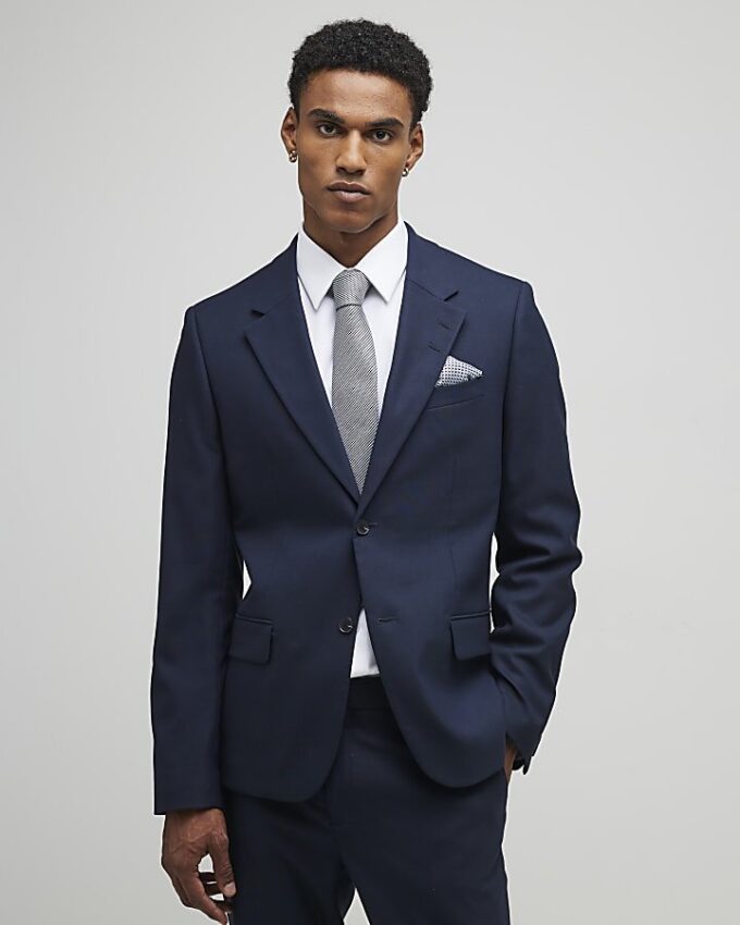 Marinblå stretchig slim fit-kostymjacka