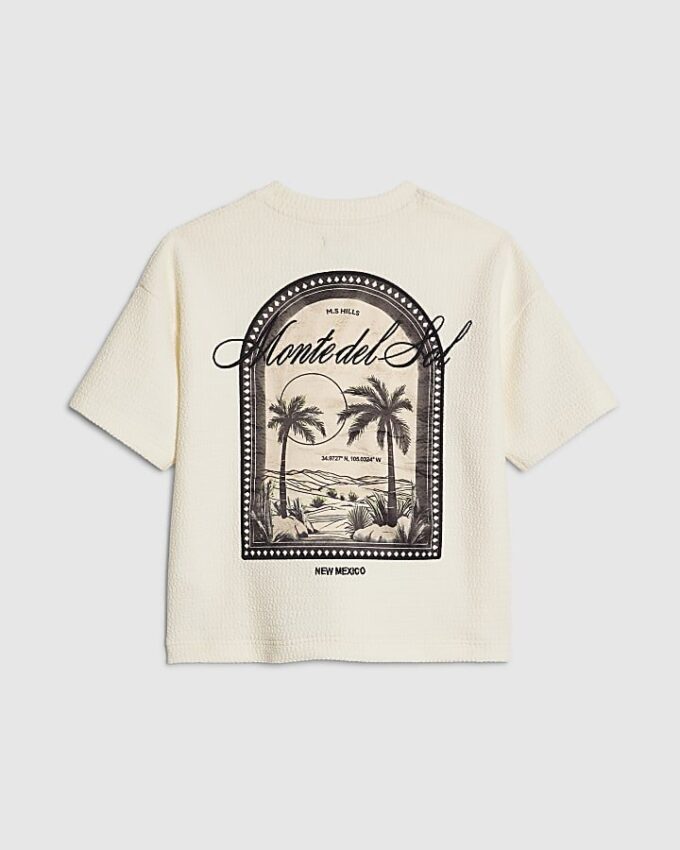 Mini Boys Cream Textured Palm Tree T-shirt
