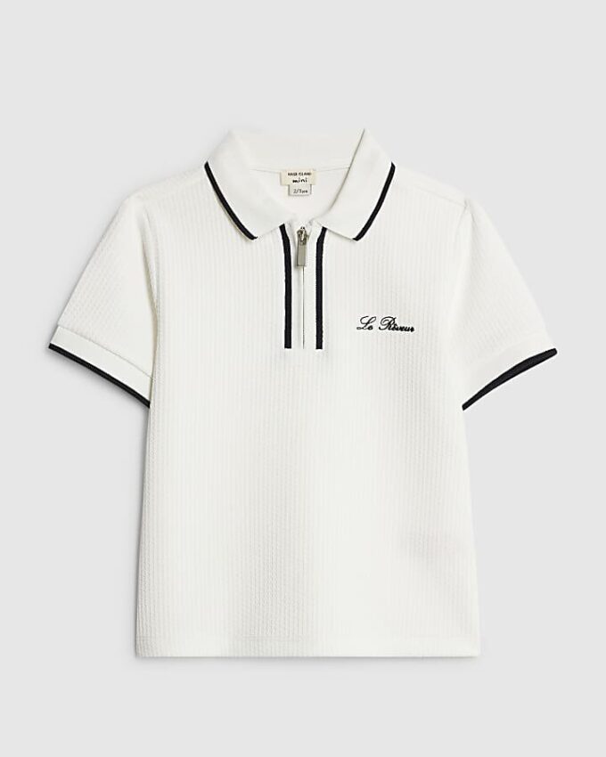 Mini Boys vit slim fit texturerad polotröja