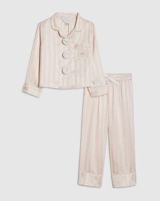 Mini-flickor rosa satinpyjamas med korsage