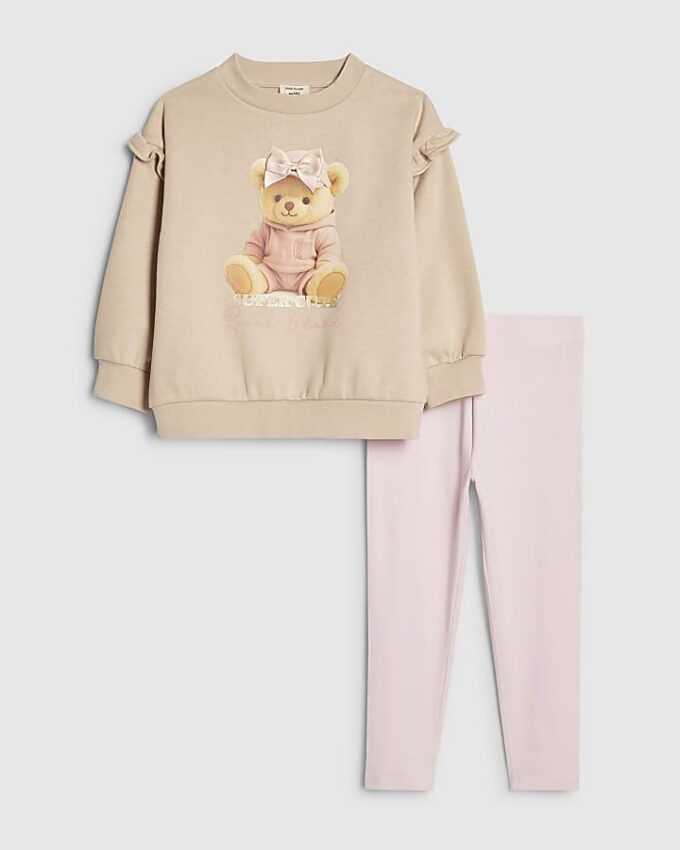 Mini Girls Beige Bow Hat Bear Sweatshirt Set Mini Girls Beige Bow Hat Bear Sweatshirt Set