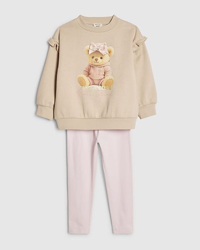 Mini Girls Beige Bow Hat Bear Sweatshirt Set Mini Girls Beige Bow Hat Bear Sweatshirt Set