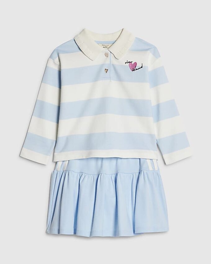 Mini Girls Blue Stripe Polo Shirt Set Mini Girls Blue Stripe Polo Shirt Set
