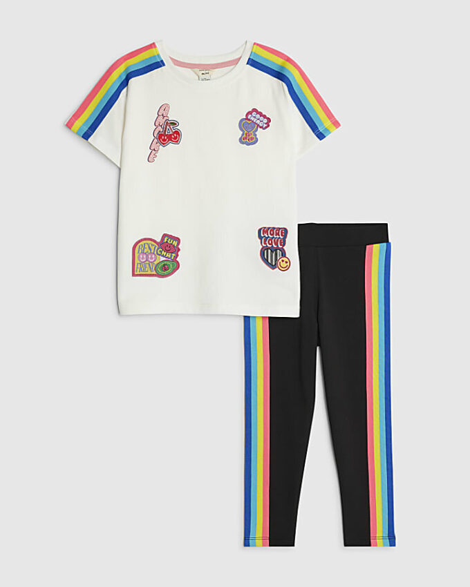 Mini Girls Cream Badged Stripe T-Shirt Set Mini Girls Cream Badged Stripe T-Shirt Set