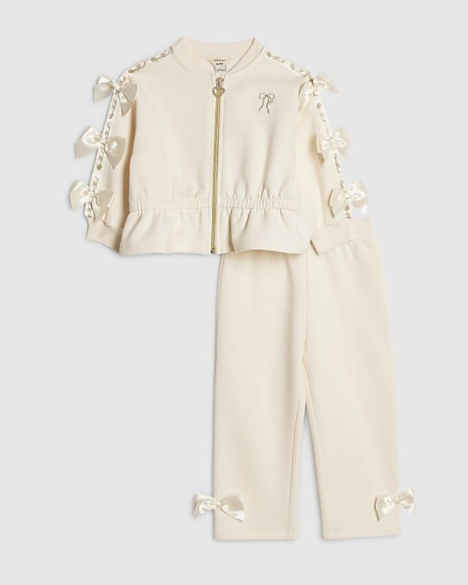 Mini Girls Cream Bow Cinched Sweatshirt Set Mini Girls Cream Bow Cinched Sweatshirt Set