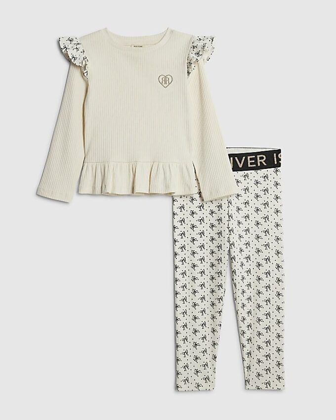Mini Girls Cream Bow Ribbed Top Set Mini Girls Cream Bow Ribbed Top Set