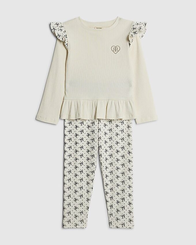 Mini Girls Cream Bow Ribbed Top Set Mini Girls Cream Bow Ribbed Top Set