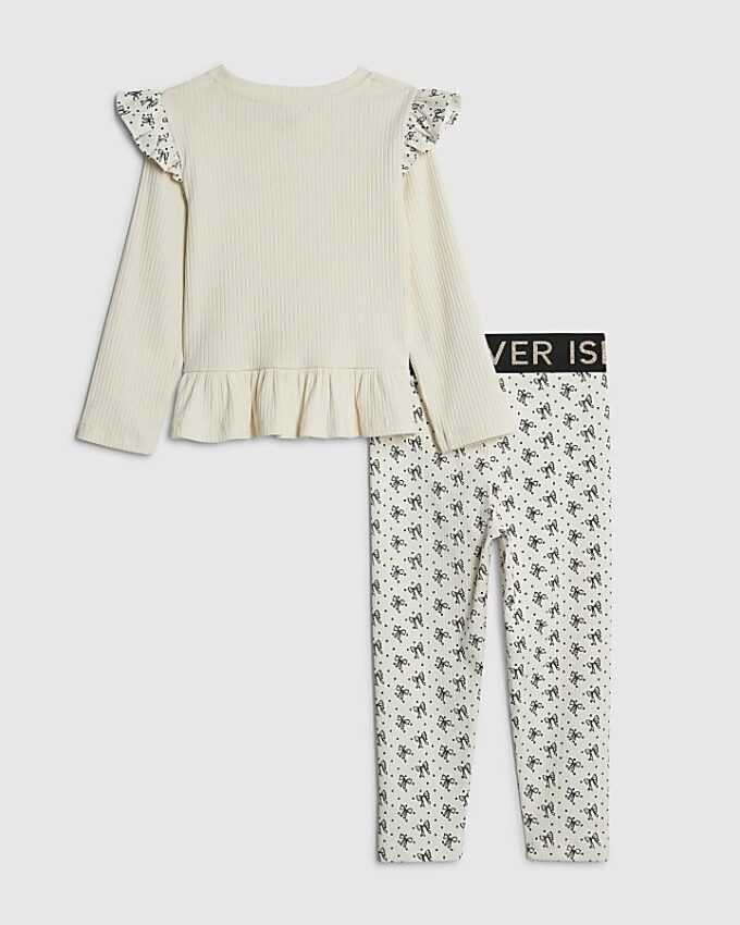 Mini Girls Cream Bow Ribbed Top Set Mini Girls Cream Bow Ribbed Top Set
