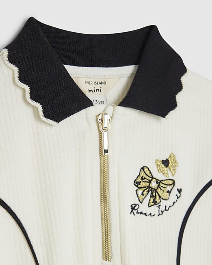 Mini Girls Cream Ribbed Zip Polo Dress