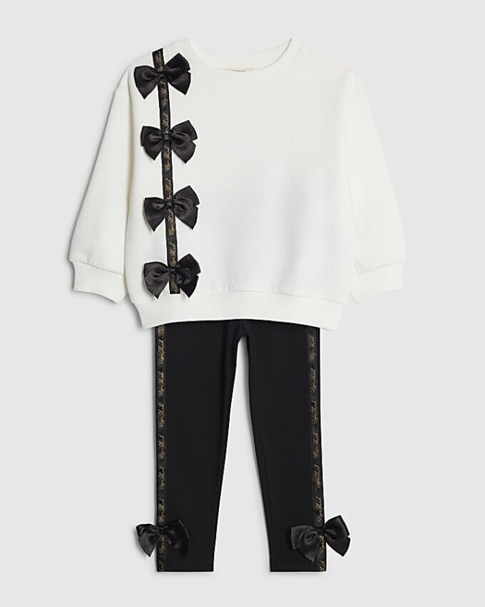 Mini Girls Cream Satin Bow Sweatshirt Set Mini Girls Cream Satin Bow Sweatshirt Set
