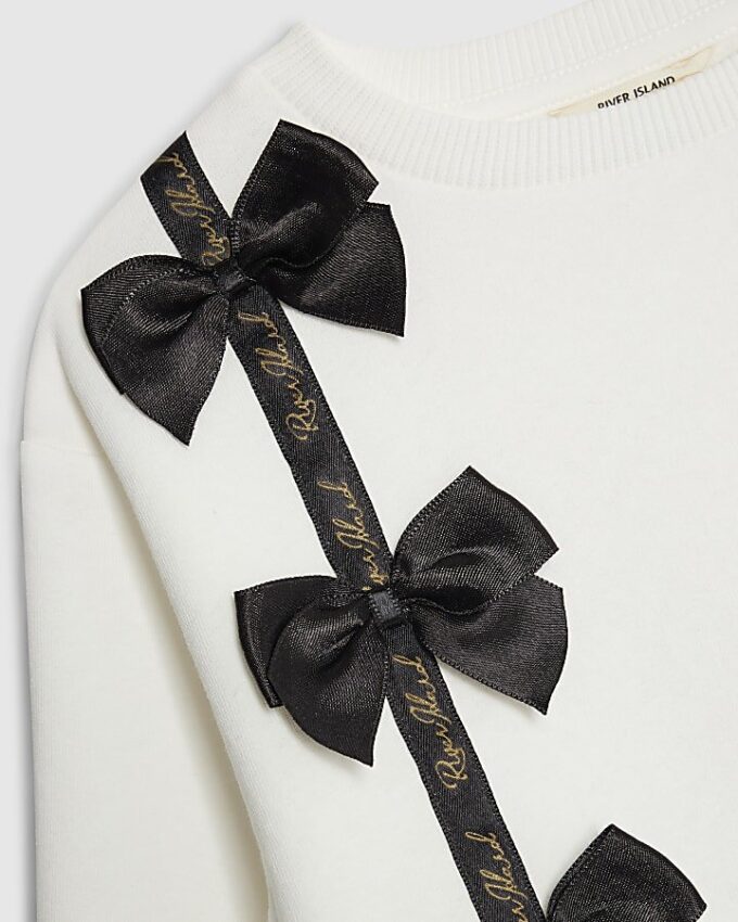 Mini Girls Cream Satin Bow Sweatshirt Set Mini Girls Cream Satin Bow Sweatshirt Set