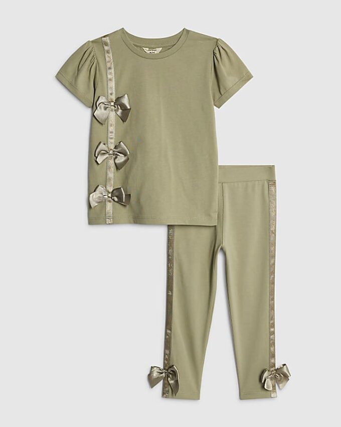 Mini Girls Khaki Satin Bow T-Shirt Set Mini Girls Khaki Satin Bow T-Shirt Set