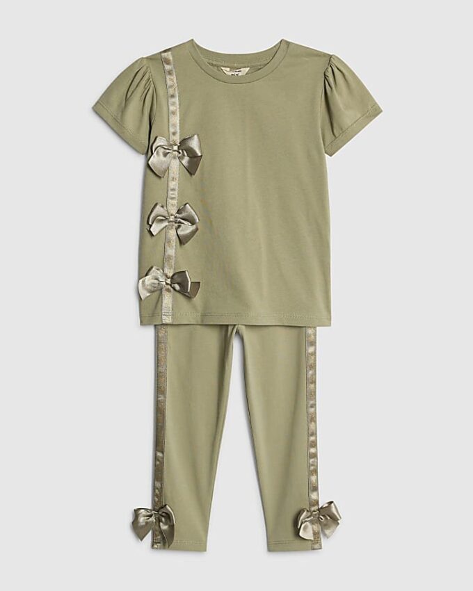 Mini Girls Khaki Satin Bow T-Shirt Set Mini Girls Khaki Satin Bow T-Shirt Set