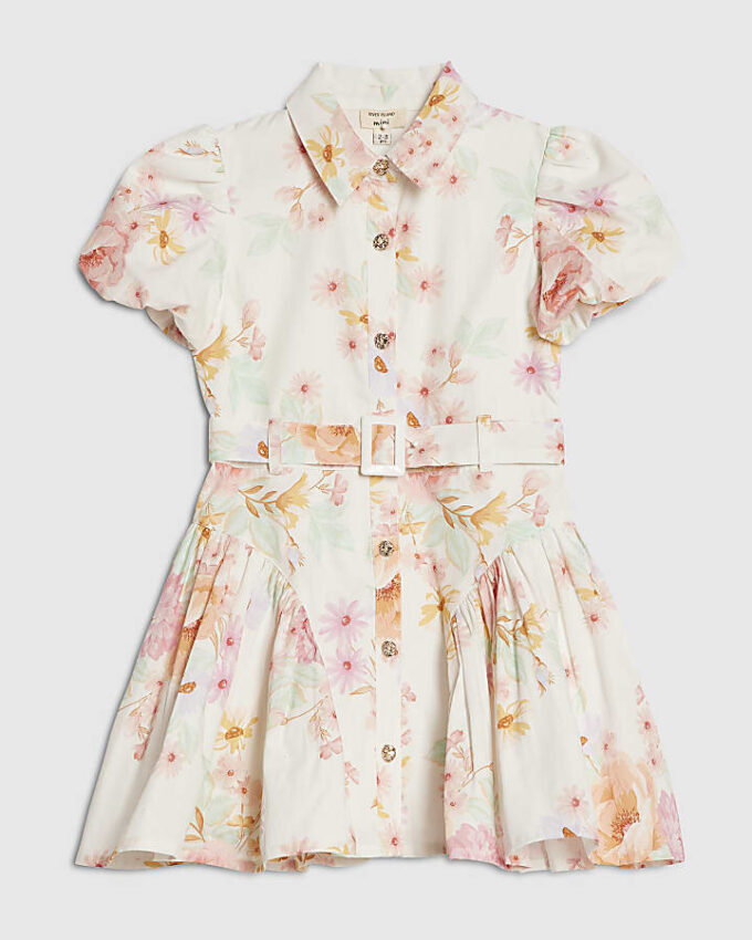 Mini Girls krämfärgad balklänning med blommönster
