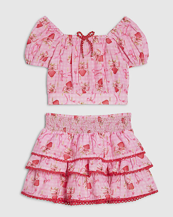 Mini Girls Pink Strawberry Bow Skirt Set Mini Girls Pink Strawberry Bow Skirt Set