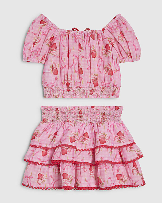 Mini Girls Pink Strawberry Bow Skirt Set Mini Girls Pink Strawberry Bow Skirt Set