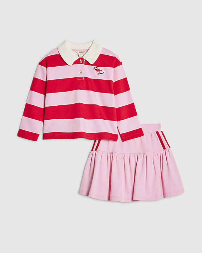 Mini Girls Pink Stripe Polo Shirt Set Mini Girls Pink Stripe Polo Shirt Set