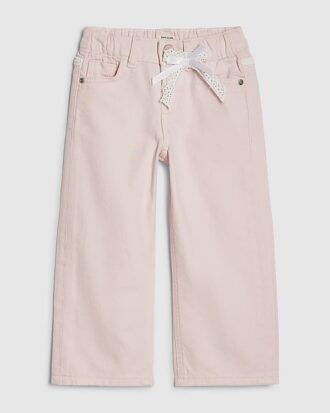 Mini Girls rosa jeans med breda ben och spetsrosett