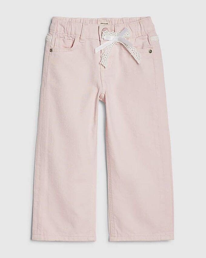 Mini Girls rosa jeans med breda ben och spetsrosett