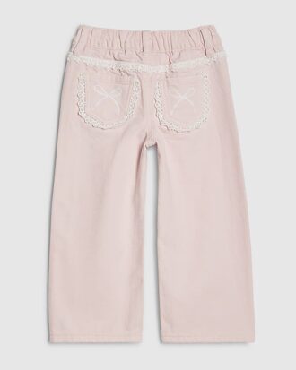Mini Girls rosa jeans med breda ben och spetsrosett