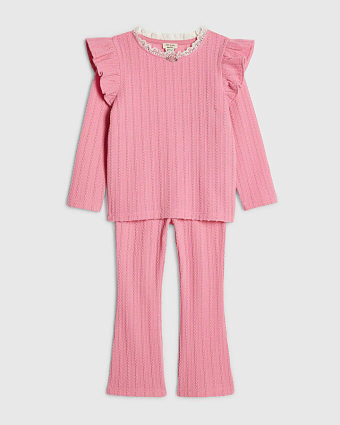 Mini Girls rosa kabelstickat T-shirt-set Mini Girls rosa kabelstickat T-shirt-set