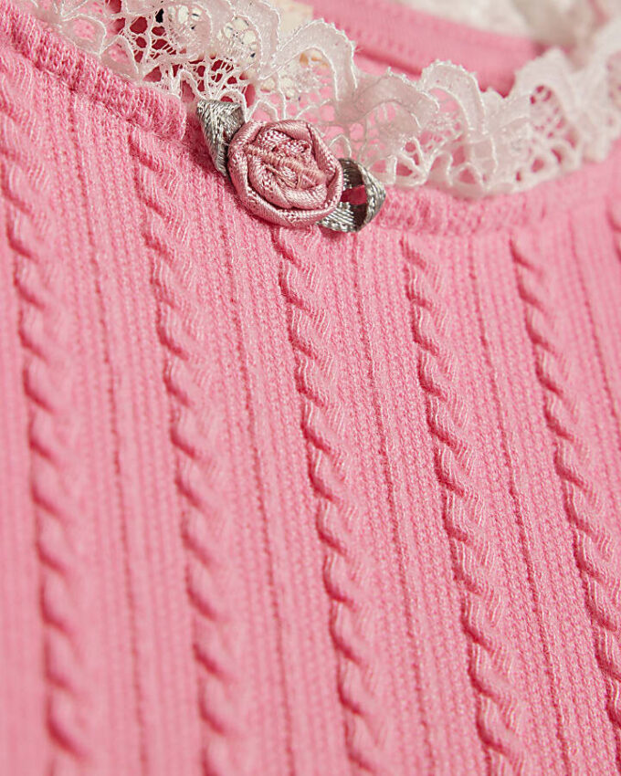 Mini Girls rosa kabelstickat T-shirt-set Mini Girls rosa kabelstickat T-shirt-set