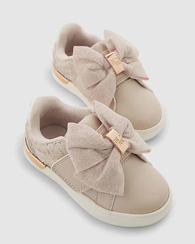 Mini Girls rosa monogram-skor med kardborreband och rosett
