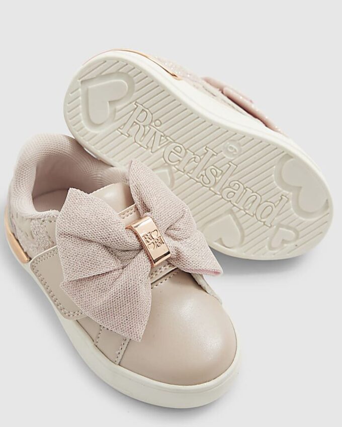 Mini Girls rosa monogram-skor med kardborreband och rosett