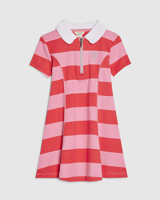 Mini Girls rosa randig poloklänning med rosett