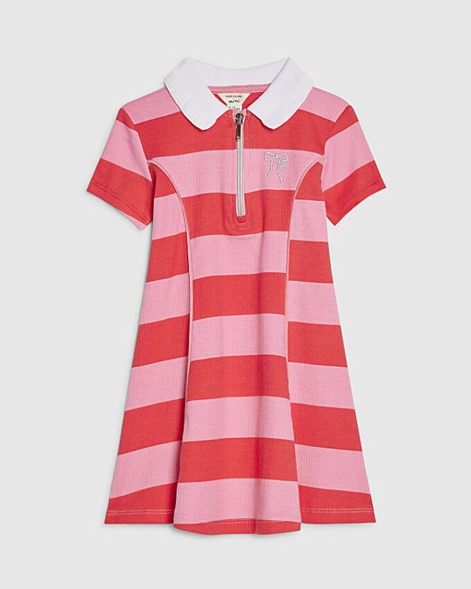 Mini Girls rosa randig poloklänning med rosett
