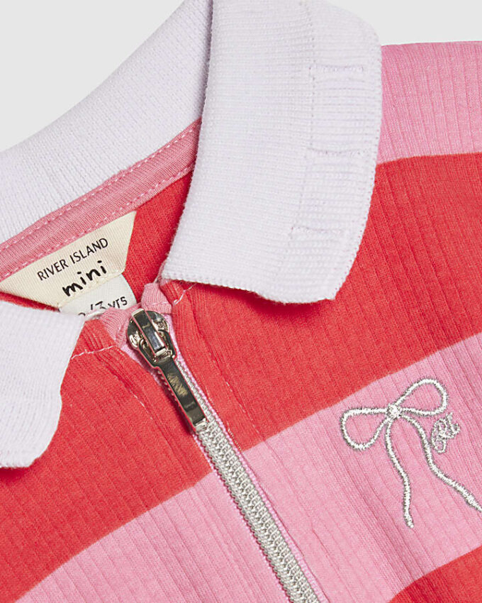 Mini Girls rosa randig poloklänning med rosett