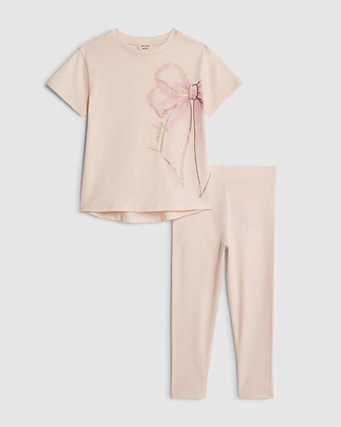 Mini Girls rosa set med T-shirt och leggings med rosett
