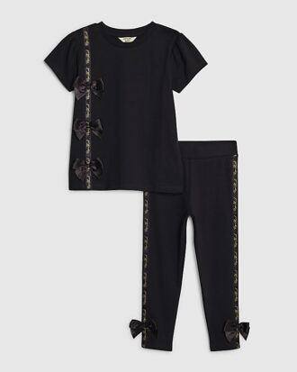 Mini Girls svart satin-T-shirt-set med rosett