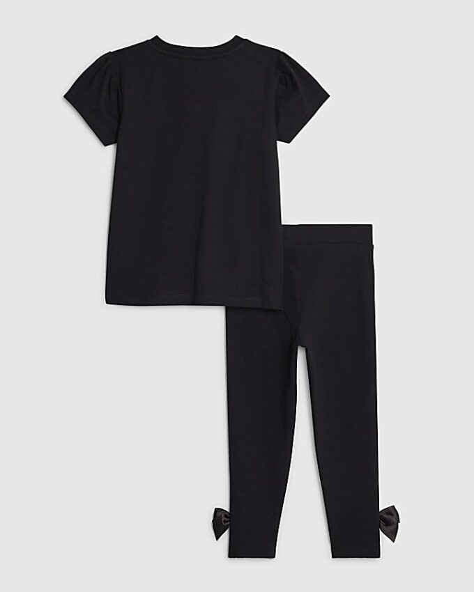 Mini Girls svart satin-T-shirt-set med rosett Mini Girls svart satin-T-shirt-set med rosett