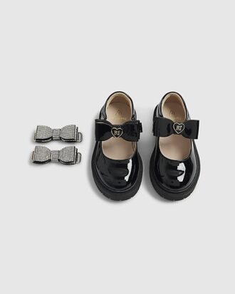 Mini Girls svarta Mary Jane-skor med remmar och rosett