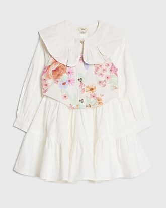 Mini Girls vit blommig 2-i-1 skjortklänning