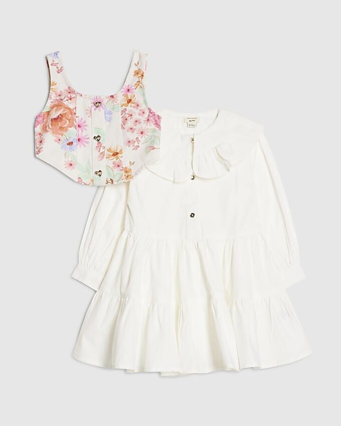 Mini Girls vit blommig 2-i-1 skjortklänning