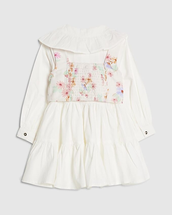 Mini Girls vit blommig 2-i-1 skjortklänning