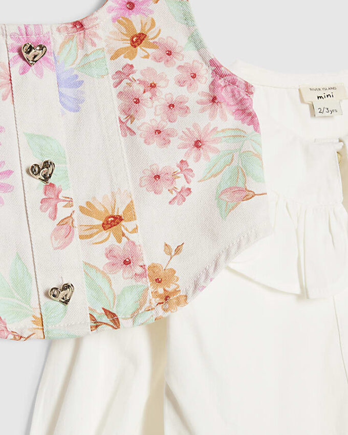 Mini Girls vit blommig 2-i-1 skjortklänning